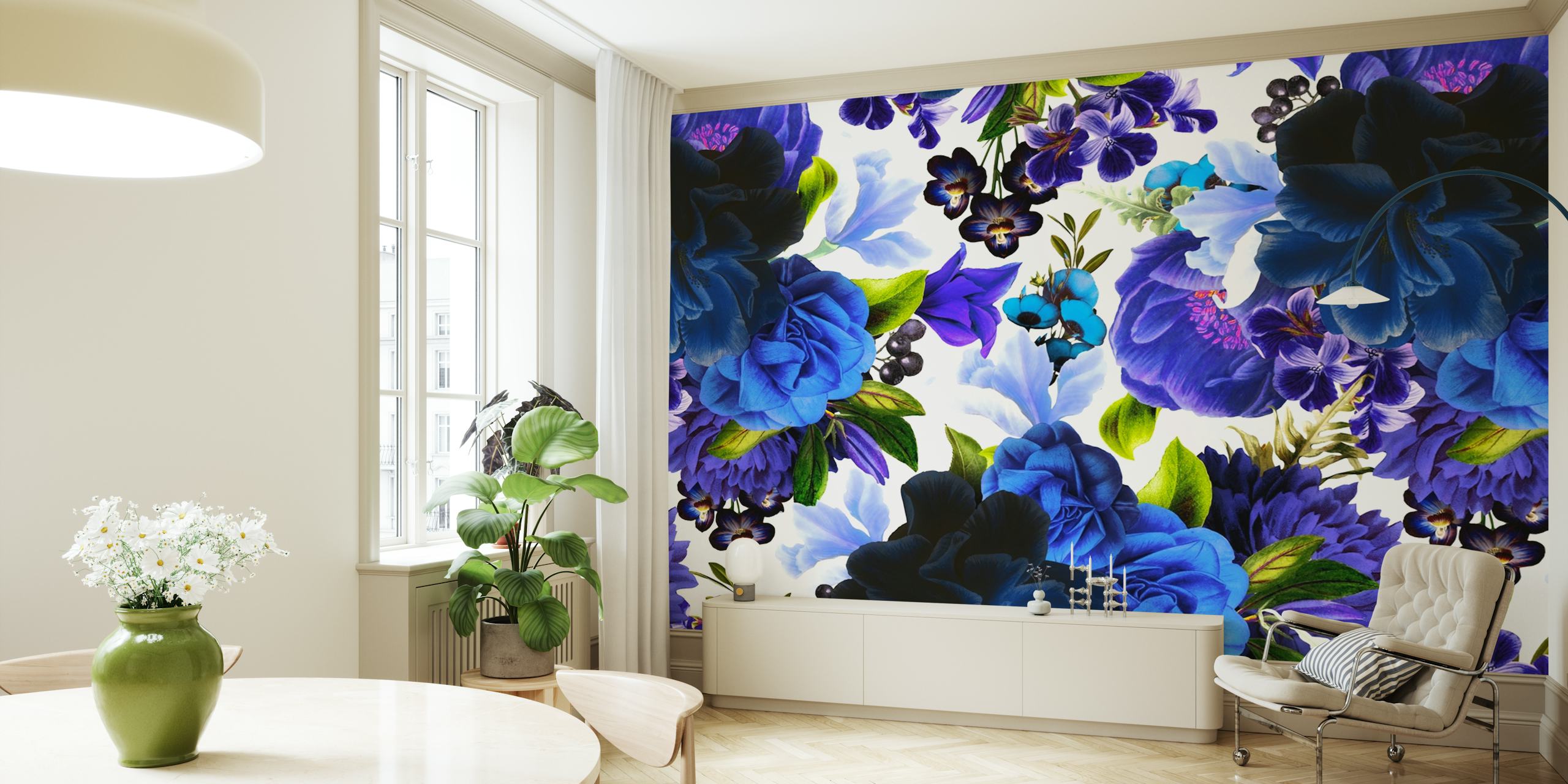 Tapeta Lush Blue Baroque Garden vystavená v místnosti